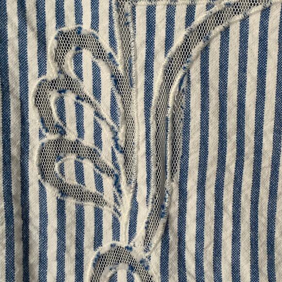 Zara Blue White Striped Blouse Sheer Floral Cutout Details Puff Sleeves Size S - Picture 13 of 16